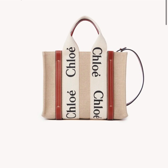 Handbags - CHLOÉ Beige/Brown Small Woody Cotton and Calfskin Leather Tote Bag